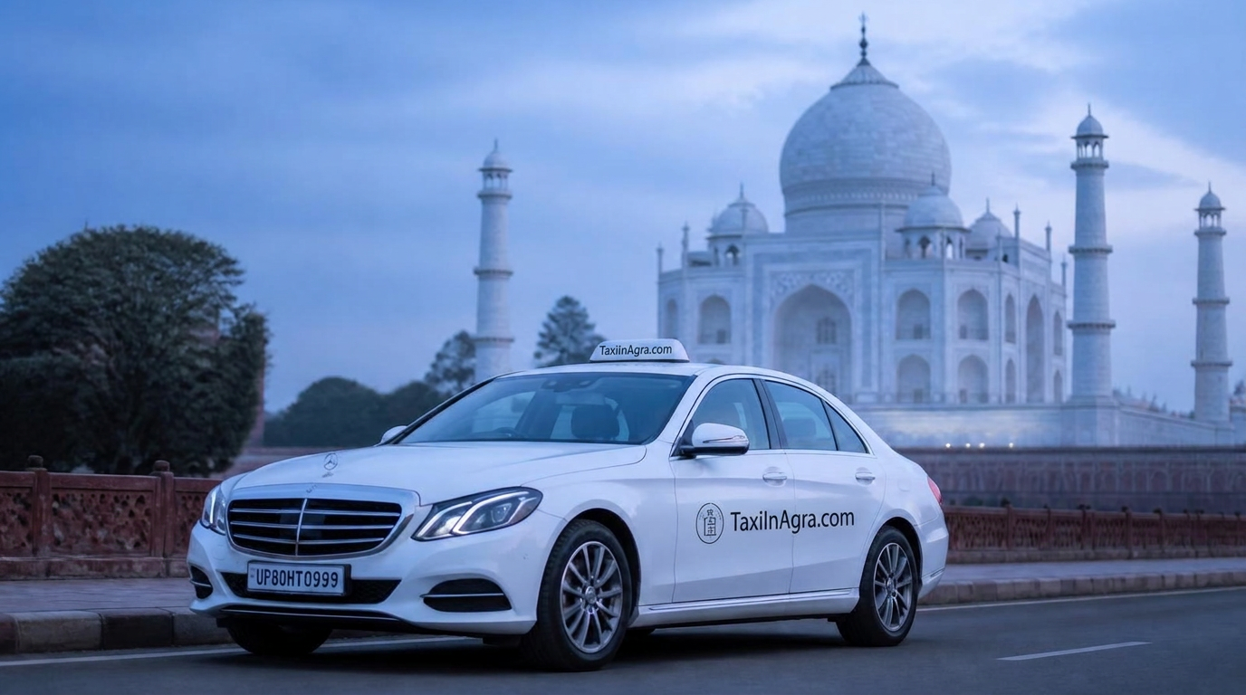 Premium white sedan taxi on a quiet Agra road at twilight